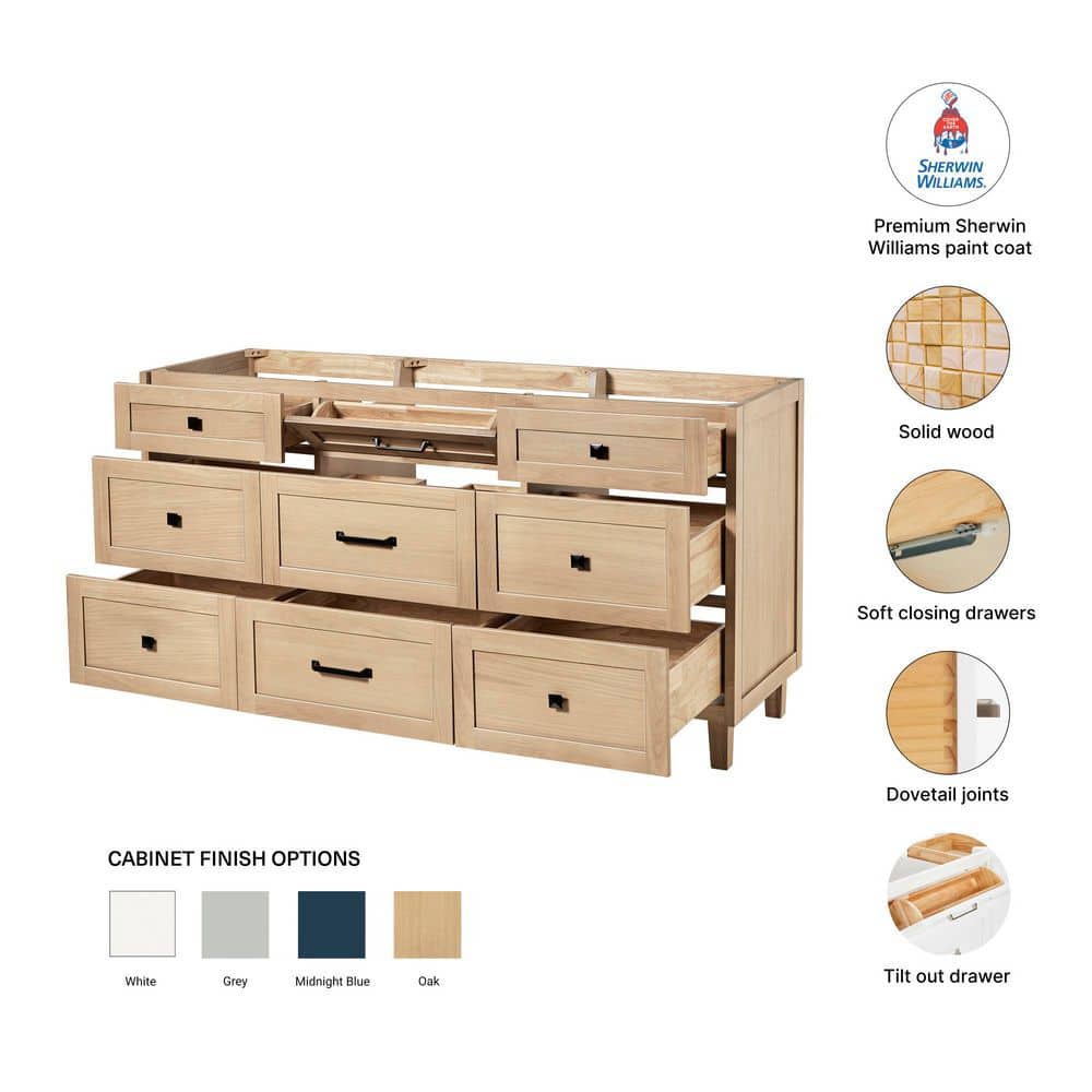 Monroe 66" Light Oak Freestanding Vanity Cabinet with Black Hardware