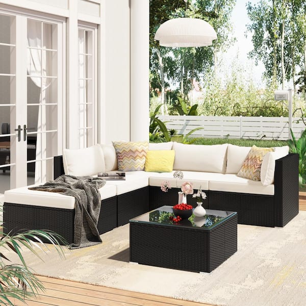 waelph Black 6-Piece Wicker Patio Conversation Set with Removable Beige Cushions