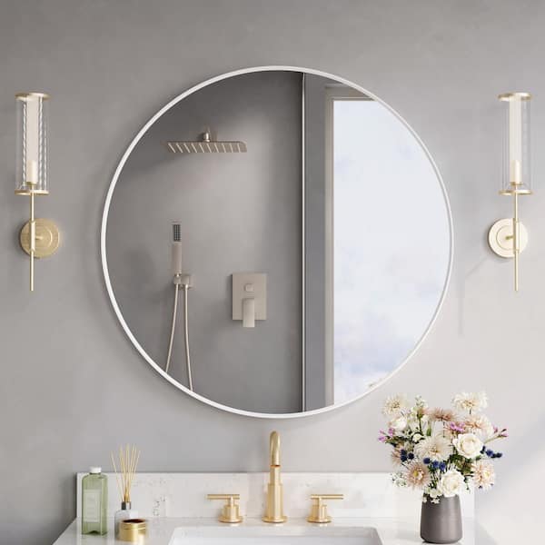 Eoviamne 32 in. W x 32 in. H Round Aluminum Framed Wall-Mounted Bathroom Vanity Mirror in White Large Circle Mirror for Entryway