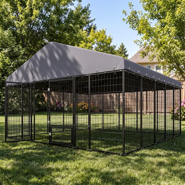 10 ft. x 10 ft. Large Dog Kennel Outdoor Dog Enclosure with Feeding and Double Swing Doors and Weatherproof Dog Cage