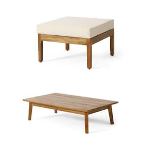 Durable Hard Wood Outdoor Ottoman with Beige Cushion and Coffee Table