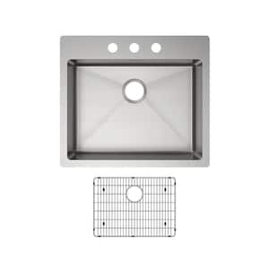 Crosstown Dual Mount Stainless Steel 25 in. 3-Hole Single Bowl ADA Kitchen Sink with Bottom Grid