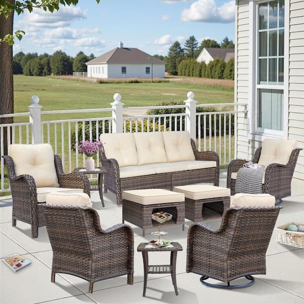 Xingzjojor Brown 9-Piece Wicker Outdoor Patio Conversation Seating Sofa Set with Beige Cushions and Swivel Rocking Chairs