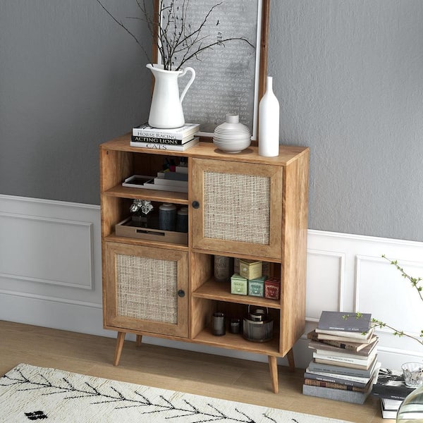 Clearance! Wicker Storage Cabinet, 2-Door High Cabinet, Sideboard, Rattan,  Wooden MDF Board, Dining Room, Natural Color