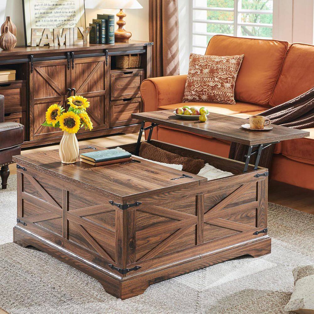 Rustic 36 in. Dark Brown Rectangle Wood Lift Top Coffee Table with Hidden Compartment