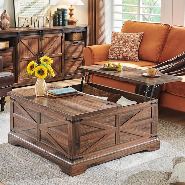 Rustic 36 in. Dark Brown Rectangle Wood Lift Top Coffee Table with Hidden Compartment