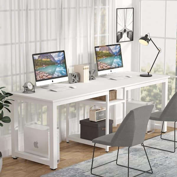 Cassey 78 in. Retangular White Wood and Metal 2-Person Computer Desk with Storage Shelves