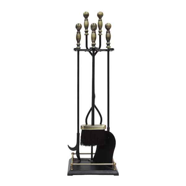 ACHLA DESIGNS 30.5 in. Tall 5-Piece Black and Antique Brass Oxford Fireplace Set Tool