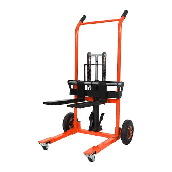 Orange 440 lbs. Hand Stacker with 35.4 in. Max Lift Adjustable Forks and Fixed Legs Mini Manual Lift Pallet Stacker