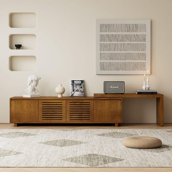 63 in. Modern Wood Extendable TV Stand with Real Wood Veneer Finish, Adjustable Panels and Storage (Max TV Size 75 in.)
