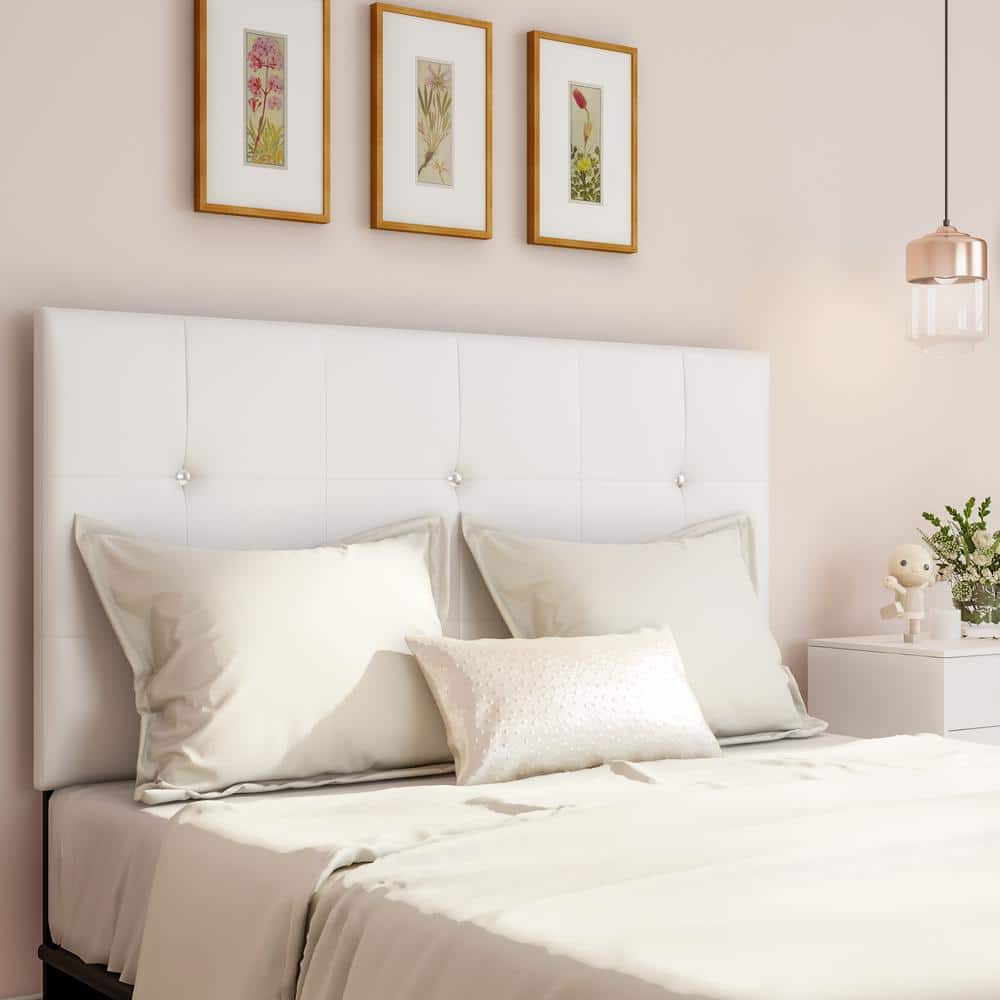 White Faux Leather Tufted Queen Headboard with Crystal Buttons