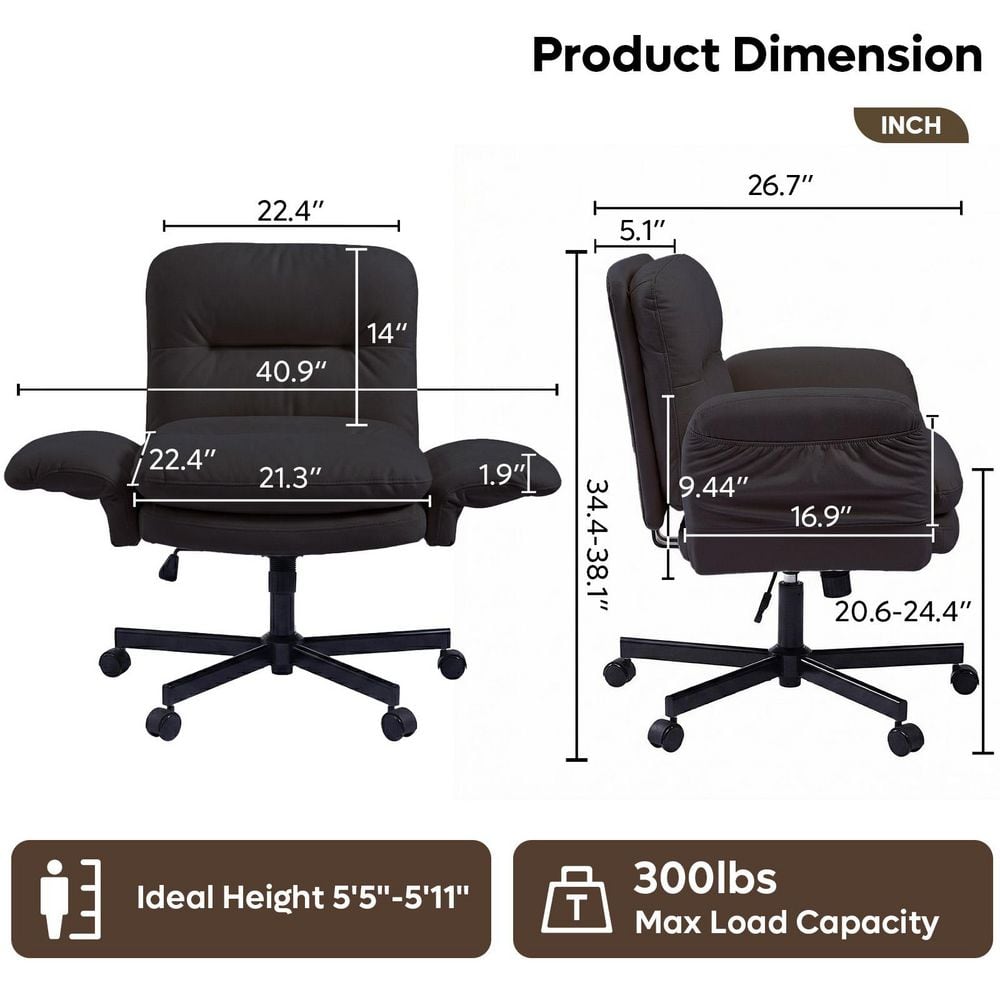 Dimension diagram of the black office chair showing height, width, and depth.