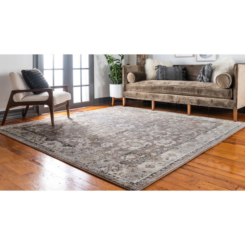 8' Square Light Brown Floral Synthetic Rug