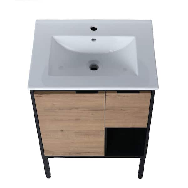ANTFURN 18.00 in. W x 24.00 in. D x 35.00 in. H Freestanding Bath Vanity in Imitative Oak with White Ceramic Top