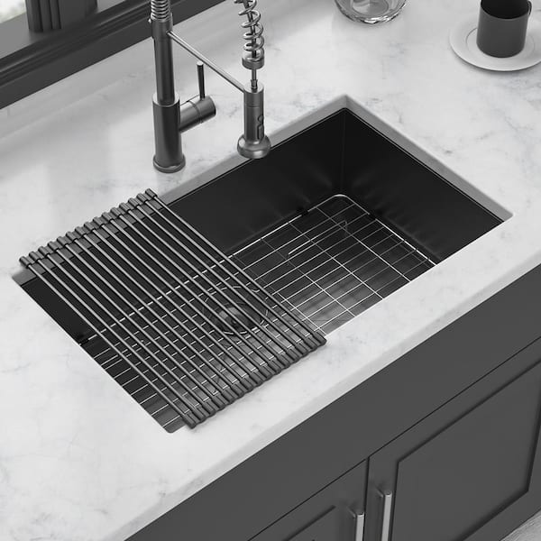 30 in. Undermount Single Bowl 16-Gauge Gunmetal Black Stainless Steel Kitchen Sink with Bottom Grids