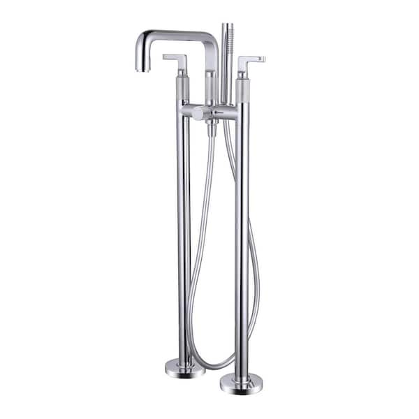 2-Handle Freestanding Tub Faucet with Hand Shower 2 Holes Floor Mount Bathtub Filler wirh Sprayer in. Polished Chrome