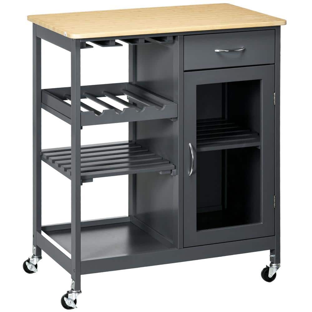 Gray Wood 30 in. W Kitchen Island with 4-bottle Wine Rack, Bar Cart with Stemware Holder, Shelves, Drawer & Cabinet