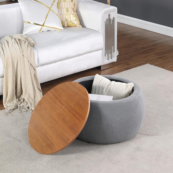 Morden Fort 25" Dark Gray Linen Upholstered Round Medium Storage Ottoman Foot Rest Stool for Living Room Bedroom Coffer Table Wood