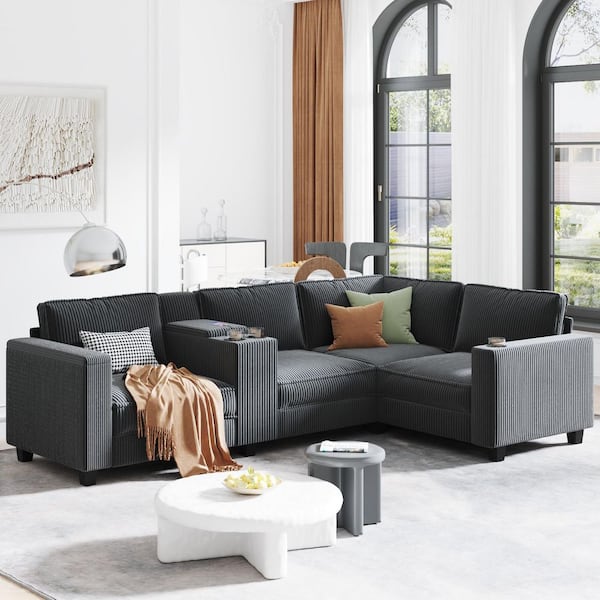 Nerita 105.5 in. Corduroy L-Shaped Sectional Sofa in. Grey+Black with Storage Armrests, USB Charging, Cup Holders