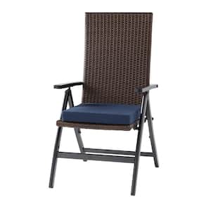 Wicker Outdoor PE Foldable Reclining Chair with Navy Seat Cushion