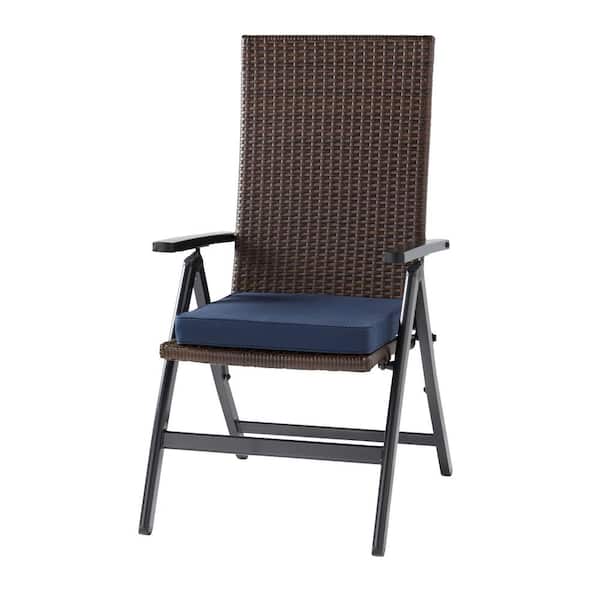 Greendale Home Fashions Wicker Outdoor PE Foldable Reclining Chair with Navy Seat Cushion
