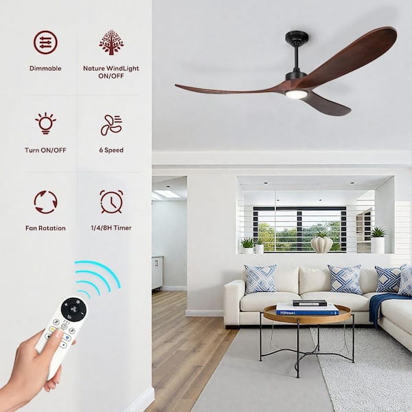 72 in. Indoor/Outdoor Black Ceiling Fans with Light, 3-Sycamore Wood Blades, with 6-Speed Remote for Living Room