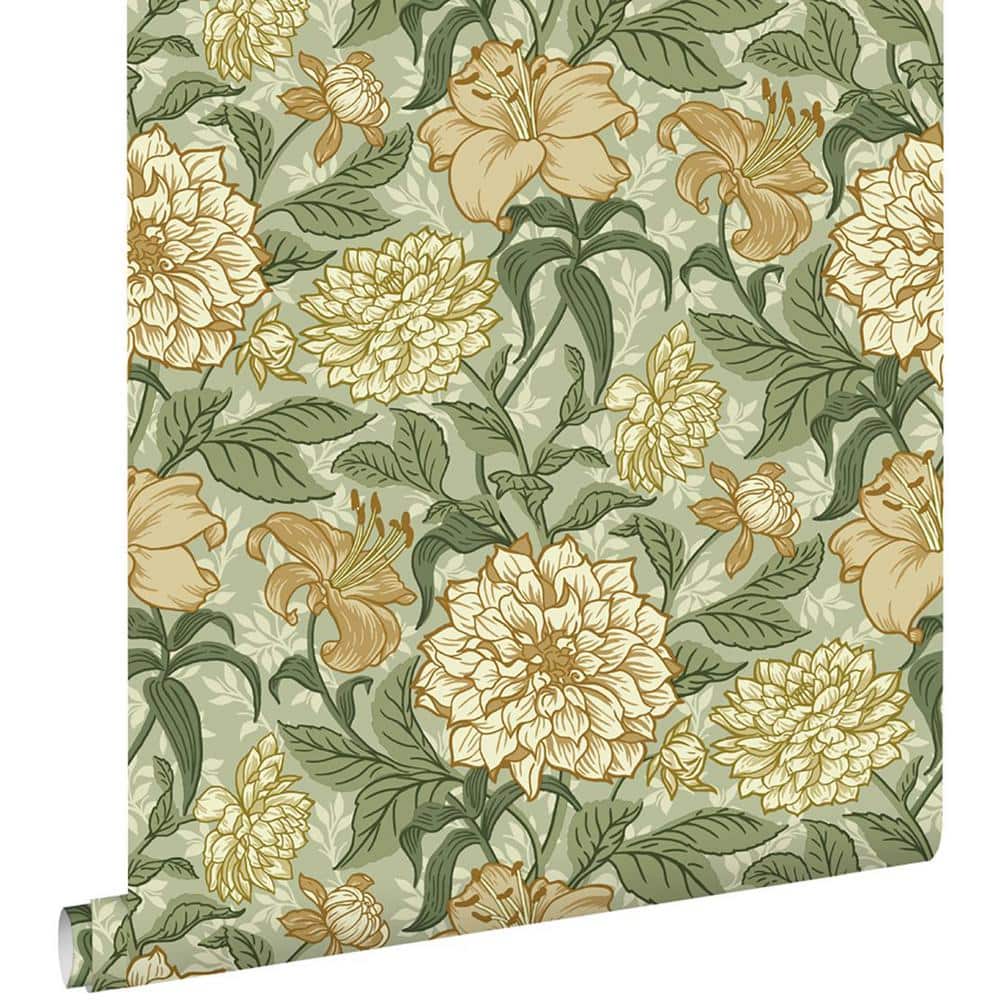 Persephone Golden Yellow and Pale Green Floral Wallpaper