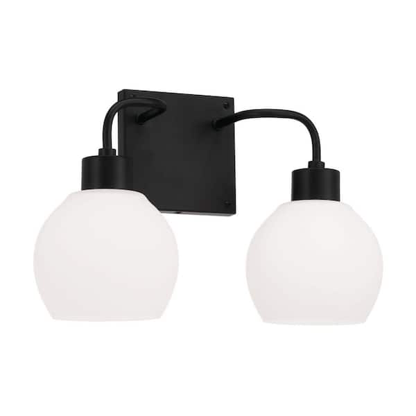 HOMEPLACE LIGHTING 15 in. W x 9.75 in. H 2-Light Vanity in Matte Black with Soft White Glass Globes