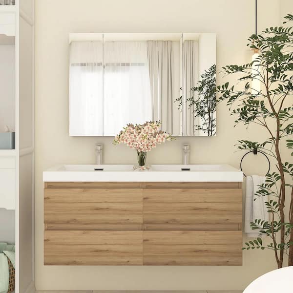 47 in. W x 19.5 in. D x 22.5 in. H Double Sink Wall-Mounted Bath Vanity in Natural Oak with White Resin Top