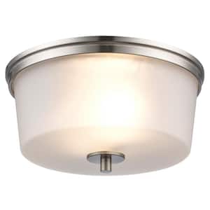 Fusion 14 in. 2-Light Brushed Nickel Flush Mount Ceiling Light Fixture with Frosted Glass Shade