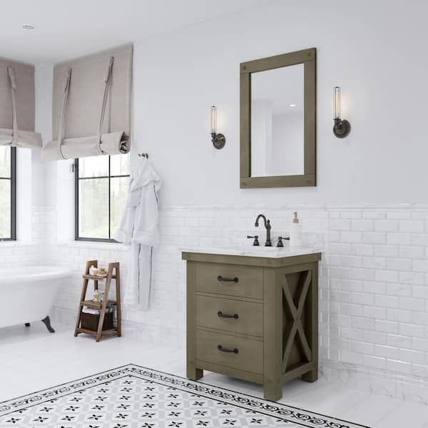 Water Creation Aberdeen 30 in. W x 34 in. H Vanity in Gray with Marble Vanity Top in Carrara White with White Basin and Mirror