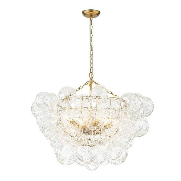 HUOKU Neuvy 33 in.W 8-Light Brushed Gold Cluster Chandelier with Petal Ribbed Glass Shades for Staircase and Living Room