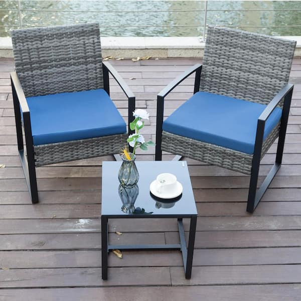 Unbranded 3-Piece Wicker Outdoor Bistro Set with Blue Cushions and Coffee Table 3-Piece Patio Modern Conversation Furniture Set