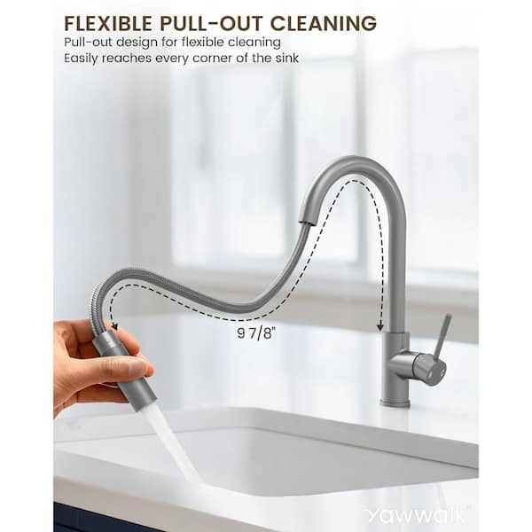 YAWWALK Brushed Nickel 15.9 in. H Pull Down Sprayer Kitchen Faucet