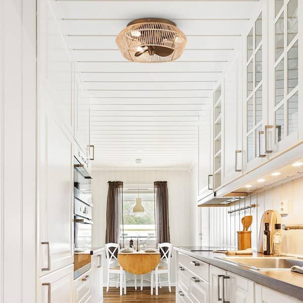 13.5 in. Indoor Antique Brushed Gold Cage Flush Mount Ceiling Fan with Light and Remote