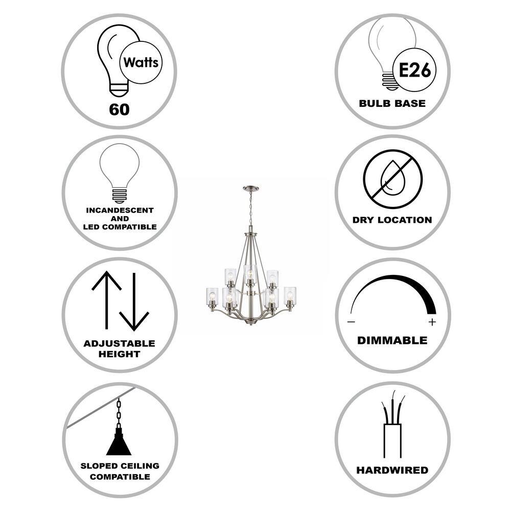 Simi Modern Brushed Nickel 9-Light Chandelier with Seeded Glass Shades