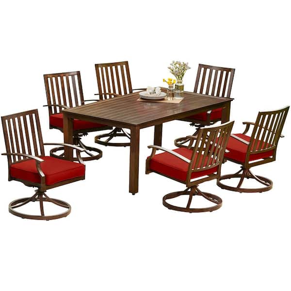 Royal Garden Bridgeport 7-Piece Aluminum Motion Outdoor Dining Set with Red Cushions