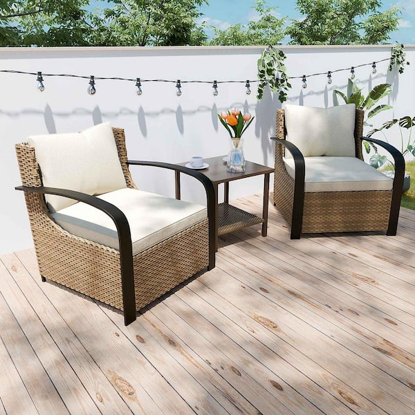 INMITOM 3-Piece Patio Wicker Conversation Set with Beige Cushions and Side Table