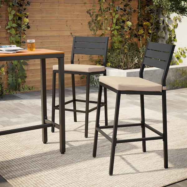 Pellebant Patio Metal Outdoor Bar Stool with Beige Cushions (Set of 2)