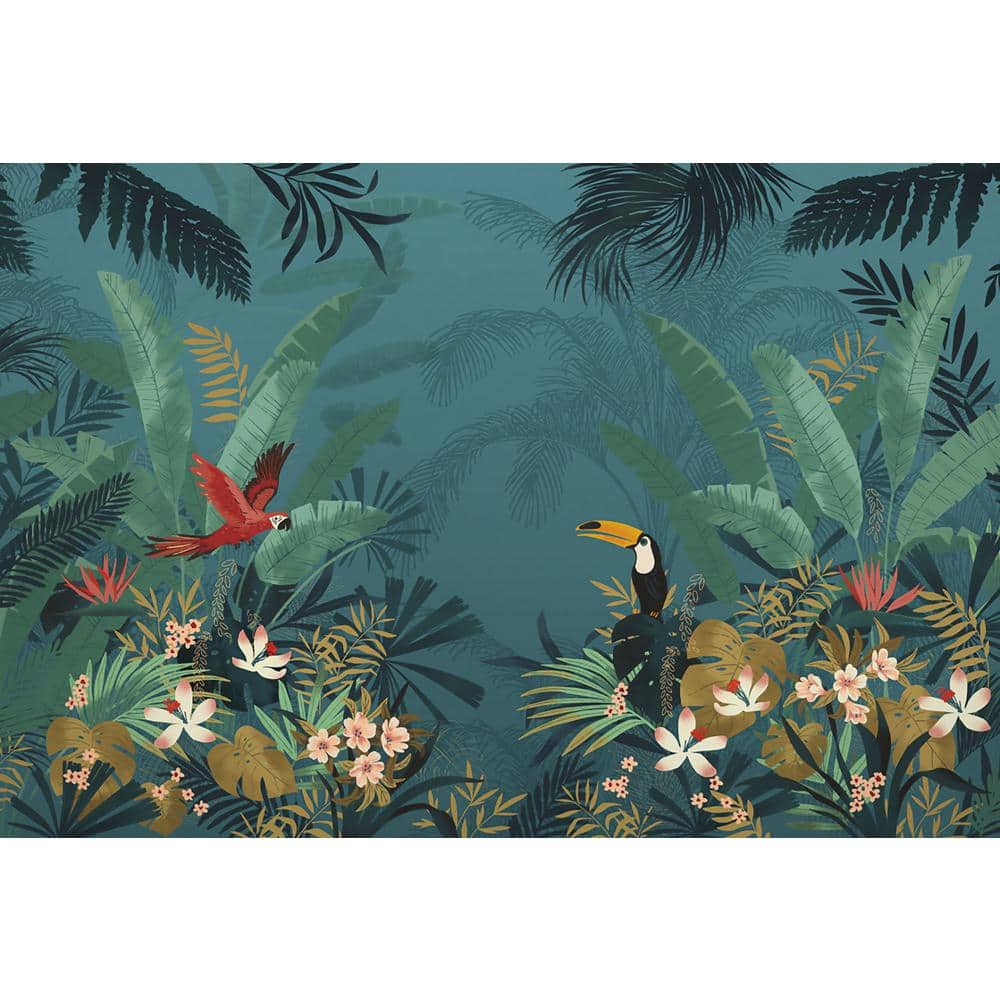 Large Blue Tropical Jungle Wall Mural with Parrots and Toucans