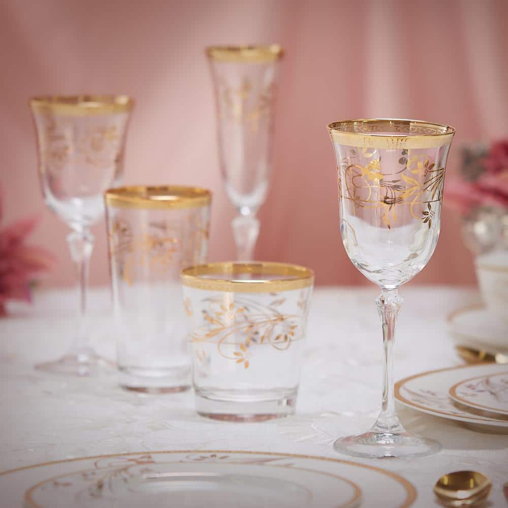 Rosalia Gold Floral Lead-Free Crystal Wine Glass Set of 4