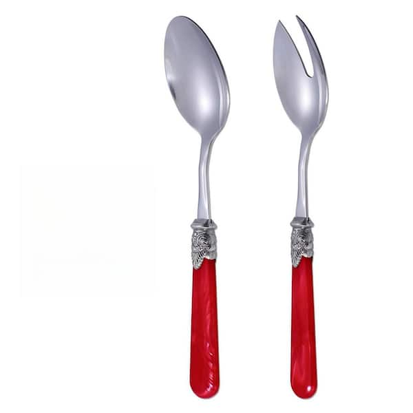 2-Piece Red Stainless Steel Salad Serving Set with Acrylic Handle, Salad Fork and Spoon Utensils for Kitchen Dining