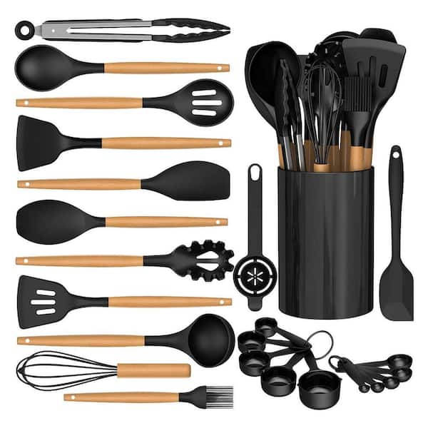 Black Silicone and Wood Cooking Utensils Set Heat Resistant Non-Stick Friendly Kitchen Accessory Set with Holder