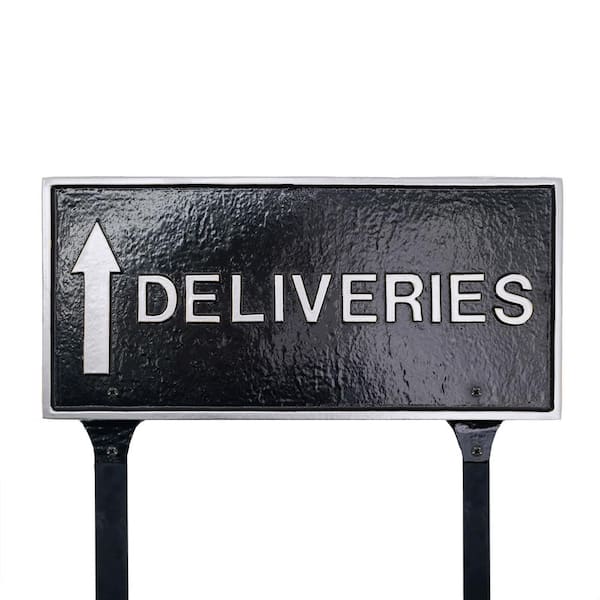 Montague Metal Products 7.25 in. x 15.25 in. Deliveries with Up Arrow Standard Rectangle Statement Plaque with Lawn Stakes - Black/Silver