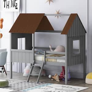 Gray Twin Size Wood Low House Loft Bed with Brown Roof, 2-Side Windows, Mini Ladder