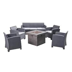 Selway Charcoal 6-Piece Faux Rattan Patio Fire Pit Conversation Set with Light Grey Cushions