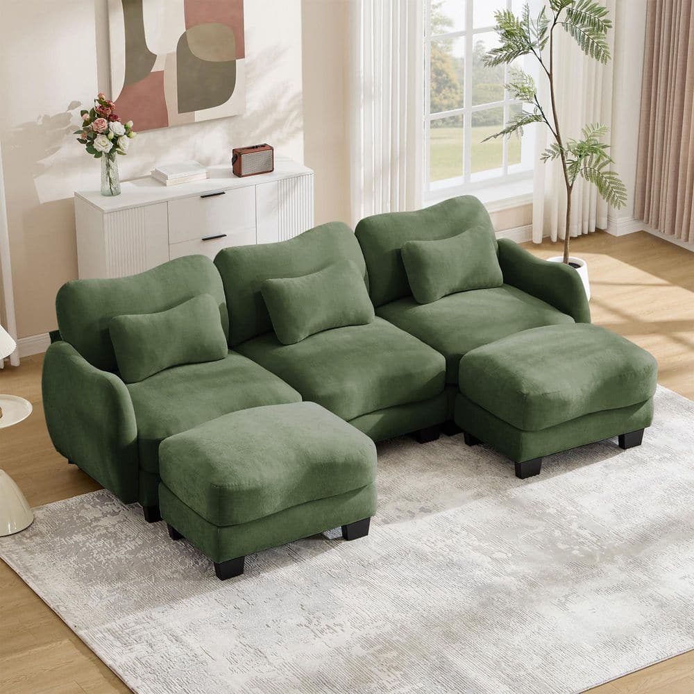 101.1 in. 5-Piece Chenille Curved Modular Sectional Sofa Couch with 2 Movable Ottomans and Pillows in Green