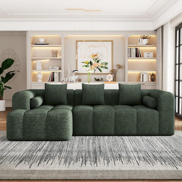 Harper & Bright Designs 101.2 in. Chenille Fabric Sponge Sectional Sofa in. Green with 3 Square Pillows, 2 Bolster Pillows