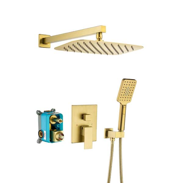 Lukvuzo 2-Spray 12 in. Rectangle Rain Shower Head Wall Mount Fixed Handheld Dual Shower Head Flow rate 2.5 GPM in Golden Finish