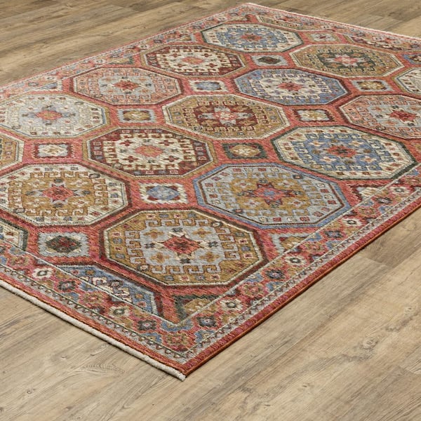 Hunter Pink/Multi-Colored 2 ft. x 8 ft. Persian Geometric Medallion Polyester Fringe-Edge Indoor Runner Area Rug